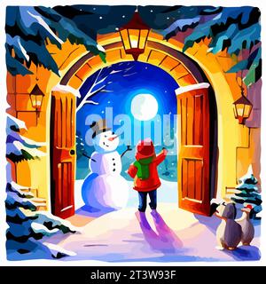 New Year, Christmas postcard. door decorated with a garland next to Funny snowman. vector illustration Stock Vector