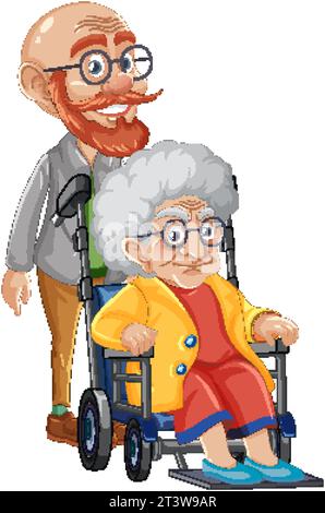 Loving grandfather helps elderly grandmother with mobility using a wheelchair Stock Vector