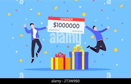 Happy lottery winners with big prize paycheck. Fortune lottery or casino gambling lucky games concept flat style design vector illustration. People ju Stock Vector