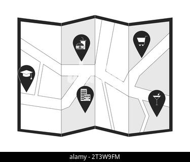 Neighborhood map with pinpoints black and white 2D line cartoon object Stock Vector