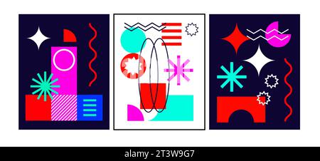 Brutalist posters set with abstract geometric shapes and naive grids. Brutal contemporary figure star oval spiral wave and other primitive elements. S Stock Vector
