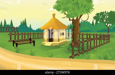 Village farm house old rural cottages, farmer house evening sky green village hut Stock Vector