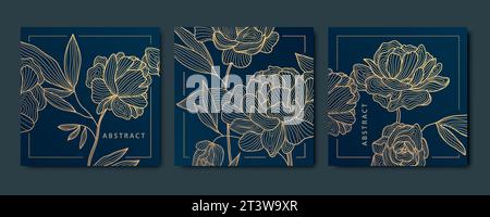 Vector set of abstract luxury golden square cards, post templates for social net, peonies and leaves botanical modern, art deco wallpaper background Stock Vector