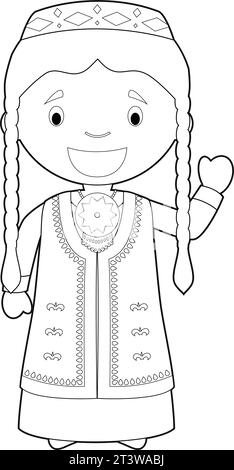 Easy coloring cartoon character from Turkmenistan dressed in the traditional way Vector Illustration. Stock Vector