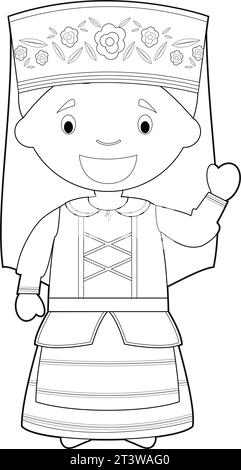 Easy coloring cartoon character from Belarus dressed in the traditional way Vector Illustration. Stock Vector