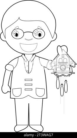 Easy coloring watchmaker cartoon character from Switzerland with cuckoo clock. Vector Illustration. Stock Vector