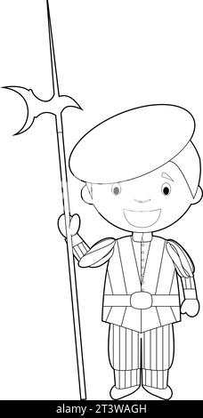 Easy coloring Swiss Guard cartoon character from Vatican City dressed in the traditional way. Vector Illustration. Stock Vector