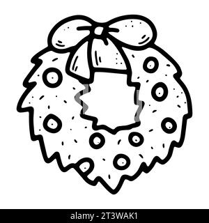 Vector cozy doodle Merry Christmas wreath illustration. Hand-drawn firtree on white background. Outline Scandinavian advent with balls, bow. New Year, Stock Vector