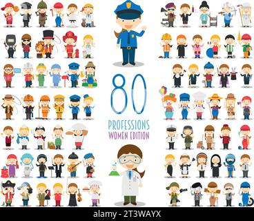 Kids Vector Characters Collection: Set of 80 different professions in cartoon style. Women Edition. Stock Vector