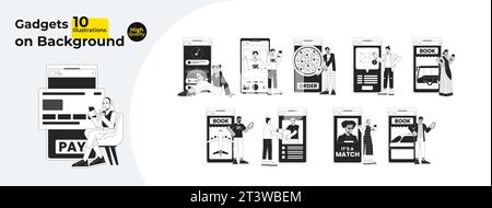 Using mobile apps black and white 2D illustration concepts bundle Stock Vector