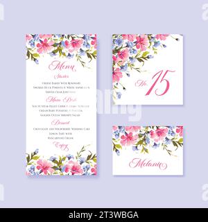 Watercolor floral rustic wedding menu, table and escort cards with vintage wild flowers illustration. Stock Vector