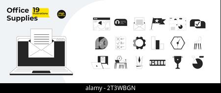 Stationery office supplies black and white 2D line cartoon objects bundle Stock Vector