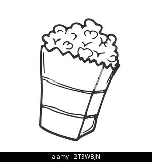 Contour popcorn icon. Hand drawn cartoon illustration of food in cinema. American symbol of snack in doodle style. Large paper cup striped to the top Stock Vector