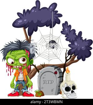 A vector cartoon zombie stands in front of a tombstone, embracing the Halloween theme Stock Vector