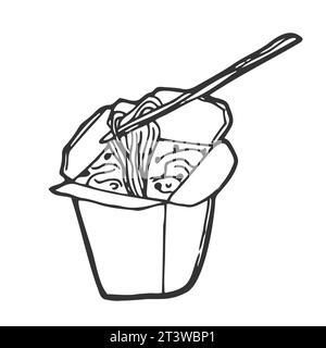 Asian fried noodle box for take away. Fresh tasty food from Vietnamese, Chinese, Taiwanese restaurants. Black and white simple doodle illustration iso Stock Vector