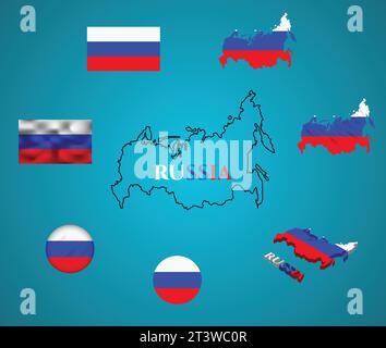 Russia map, flag with line art isolated on gradient background, vector illustration Stock Vector
