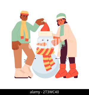 January snowman building Christmas tradition cartoon flat illustration Stock Vector