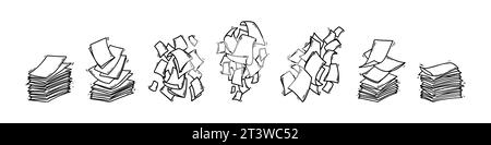 Set of stack of paper pages line art. Blank sheets. Hand drawn doodle vector illustration. Doodle paper heap. Contract document pile Stock Vector