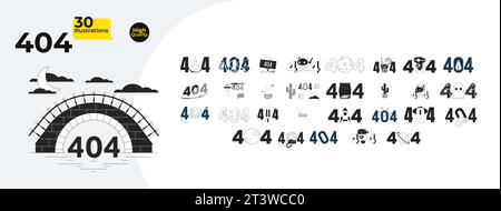 Unique creative black and white 404 errors isolated illustrations bundle Stock Vector