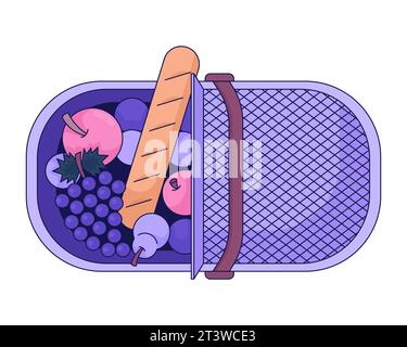 Top view picnic basket fruits baguette 2D linear cartoon object Stock Vector