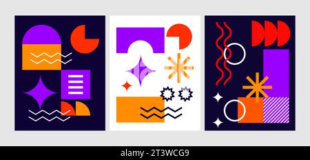 Brutalist posters set with abstract geometric shapes and naive grids. Brutal contemporary figure star oval spiral wave and other primitive elements. S Stock Vector