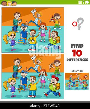 Cartoon illustration of finding the differences between pictures educational activity with school pupils characters Stock Vector