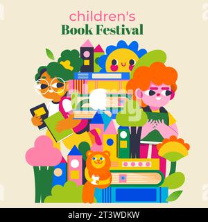 Illustration for the Children's Book Festival. Bright colors, fairy-tale characters, happy children and a world of imagination. Stock Vector