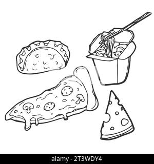 Delicious fast foods. Hand drawing black and white set that contains delious food illustrations. Stock Vector