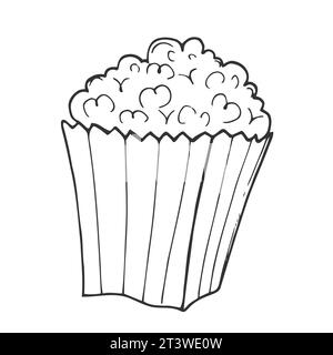 Contour popcorn icon. Hand drawn cartoon illustration of food in cinema. American symbol of snack in doodle style. Large paper cup striped to the top Stock Vector