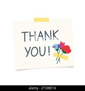 note with thank you message and pinned field flowers -vector illustration Stock Vector