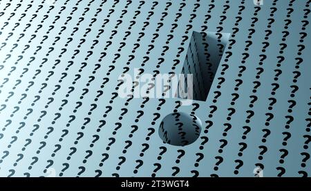 Concept background with 3d large exclamation mark figure among question marks, 3d rendering Stock Photo