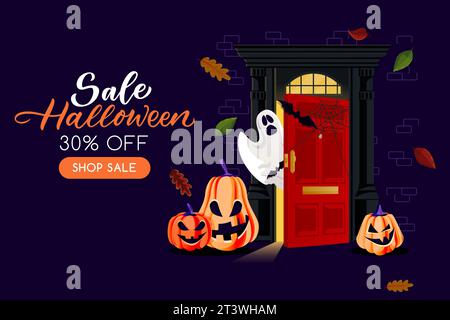 Night background with red closed door, ghost, bats and pumpkin lanterns. Vector cartoon illustration. Halloween holiday poster, banner template. Party Stock Vector
