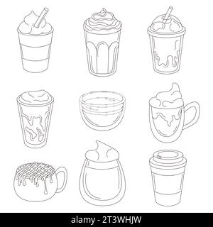 Coffee drinks collection in line art style. Minimalistic hand drawn set of cups. Vector illustration isolated. Stock Vector