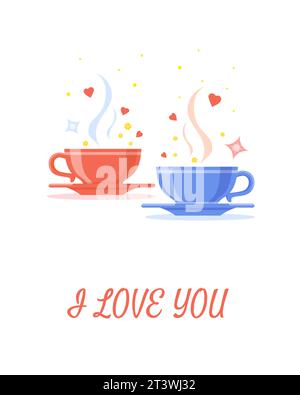 Cartoon pink and blue tea or coffee cups with hearts, stars. Phrase I Love You. Leisure for couple Stock Vector