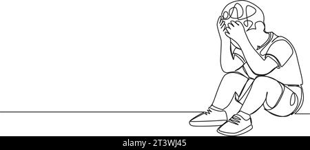 continuous single line drawing of sad or frustrated toddler boy sitting on floor hiding face behind hands, line art vector illustration Stock Vector