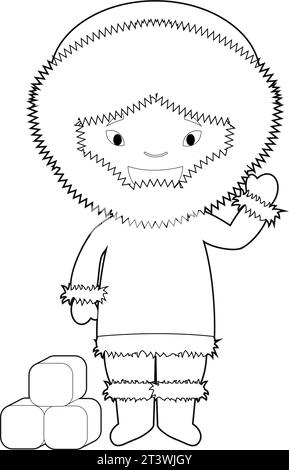 Easy coloring cartoon character from Greenland dressed in the traditional way as skimo people. Vector Illustration. Stock Vector