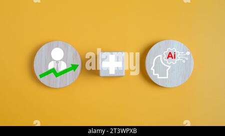 Circle wooden planks linked together on a yellow background. Shows the concept of using artificial intelligence systems to help in business to increas Stock Photo