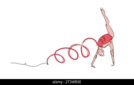 Rhythmic gymnastics. Woman with ribbon. One continuous line art drawing of rhythmic gymnastics Stock Vector
