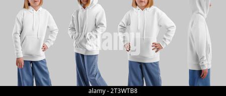 Mockup of white children's hoodie with pocket, longsleeve on blonde girl in jeans, apparel for design, front,side. A set of kid's clothes. Streetwear Stock Photo