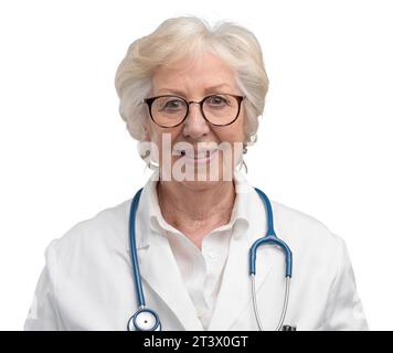Senior confident female doctor posing on gray background and smiling at camera Stock Photo