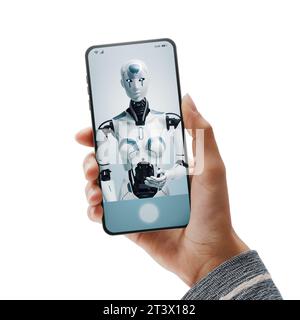 AI virtual assistant humanoid robot on smartphone screen talking and helping with tasks Stock Photo