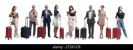 Traveling people holding a trolley bag and using their smartphones, set of portraits collage Stock Photo