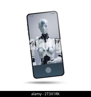 AI virtual assistant humanoid robot on smartphone screen talking and helping with tasks Stock Photo