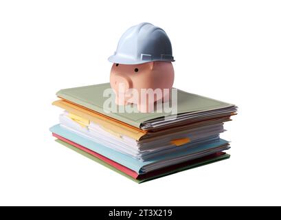 Piggy bank with safety helmet on a pile of paperwork: construction documents, budget and planning concept Stock Photo