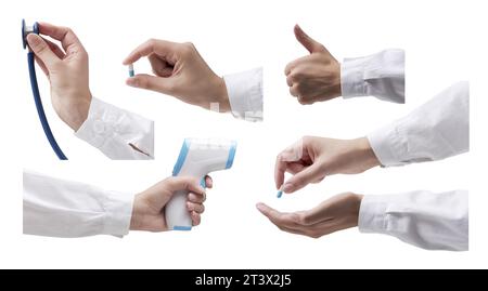 Collection of female doctor hands in different poses and holding different objects, isolated Stock Photo