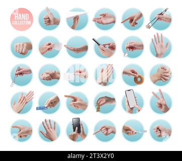 Female hands in different poses and holding various objects, icon set Stock Photo