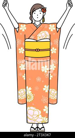 Hatsumode at New Year's and coming-of-age ceremonies, graduation ceremonies, weddings, etc, Woman in furisode doing radio calisthenics, preparation fo Stock Vector