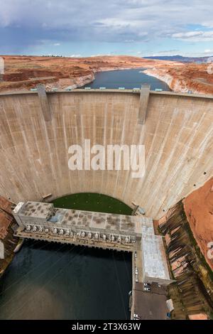 Large dam holding back lake Powell. Stock Photo