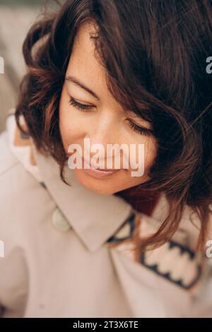 Close portrait of a young woman in Prague Stock Photo