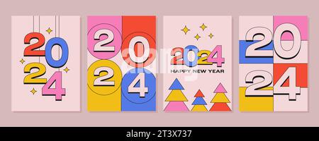 Modern colorful 2024 Happy New Year design in y2k style. Minimalistic templates for covers, cards. Vector illustration Stock Vector